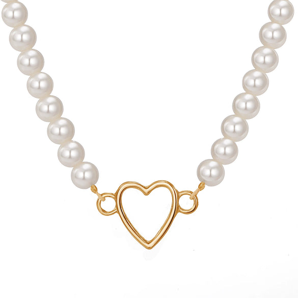 Fashion Jewelry Imitation Pearl Alloy Heart Hollow Geometric French Retro Electroplated Necklace For Women