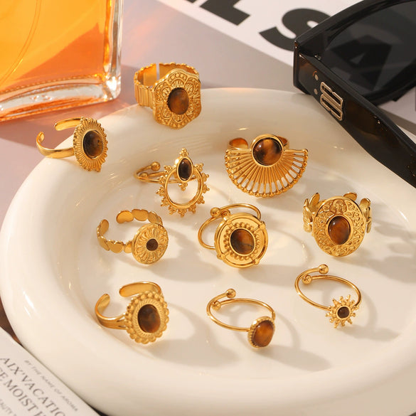 Fashion Jewelry Inlaid Tiger Eye Stone Geometric Ring Titanium Steel Stainless Steel Vacuum Electroplated Set With Gems For Women