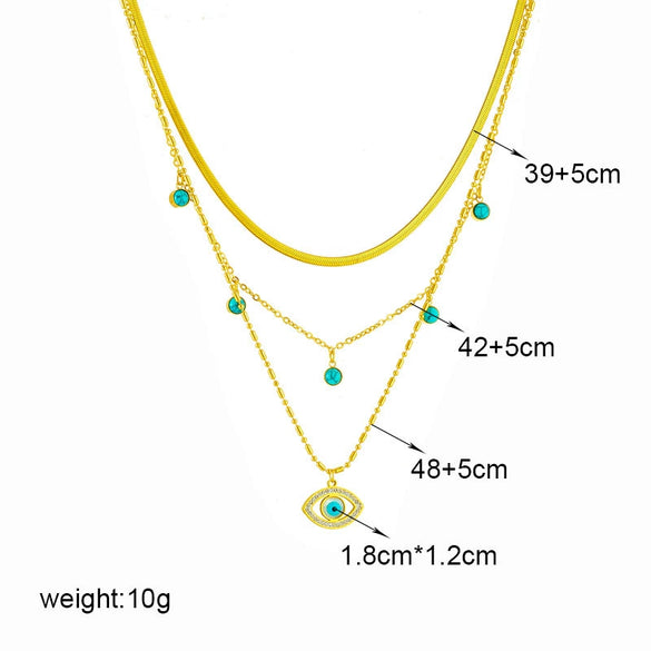 Fashion Jewelry Multilayer Chain Stainless Steel Hollow Diamond Blue Eye Pendant Clavicle Necklace For Women Electroplated Snake Bone Chain