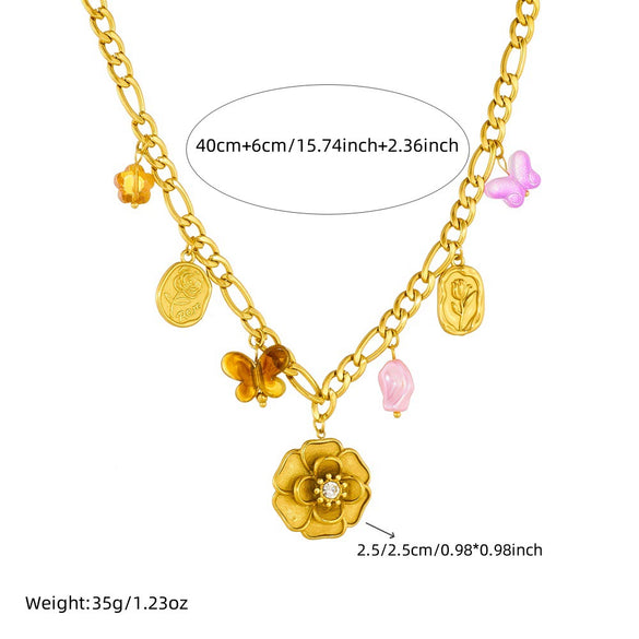 Fashion Jewelry Necklace Stainless Steel Gold Plated With Butterfly And Camellia Flower Elements