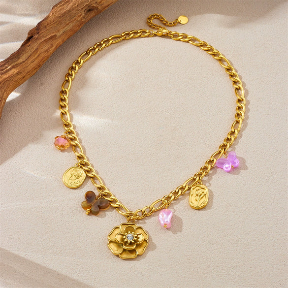 Fashion Jewelry Necklace Stainless Steel Gold Plated With Butterfly And Camellia Flower Elements