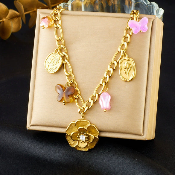 Fashion Jewelry Necklace Stainless Steel Gold Plated With Butterfly And Camellia Flower Elements