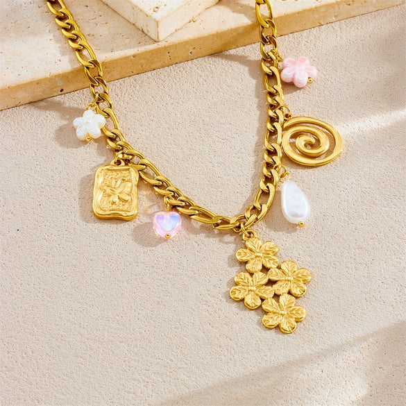 Fashion Jewelry Necklace With Stainless Steel Chain And Goldplated Circle Rhombus Flower Butterfly Square Pendant