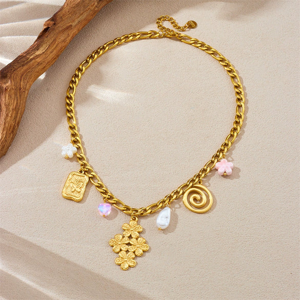 Fashion Jewelry Necklace With Stainless Steel Chain And Goldplated Circle Rhombus Flower Butterfly Square Pendant