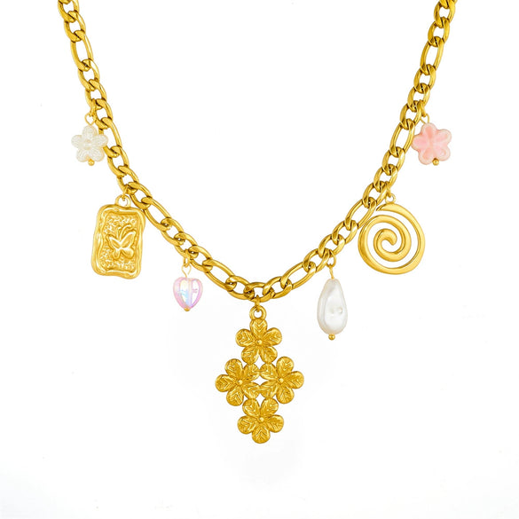 Fashion Jewelry Necklace With Stainless Steel Chain And Goldplated Circle Rhombus Flower Butterfly Square Pendant