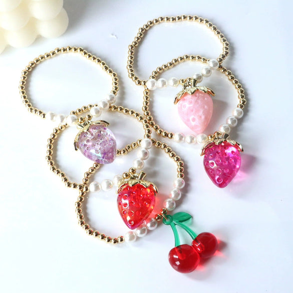 Fashion Jewelry Resin Fruit Strawberry Cherry Pendant Metal Beads Hand Knitted Adjustable Bracelet For Women