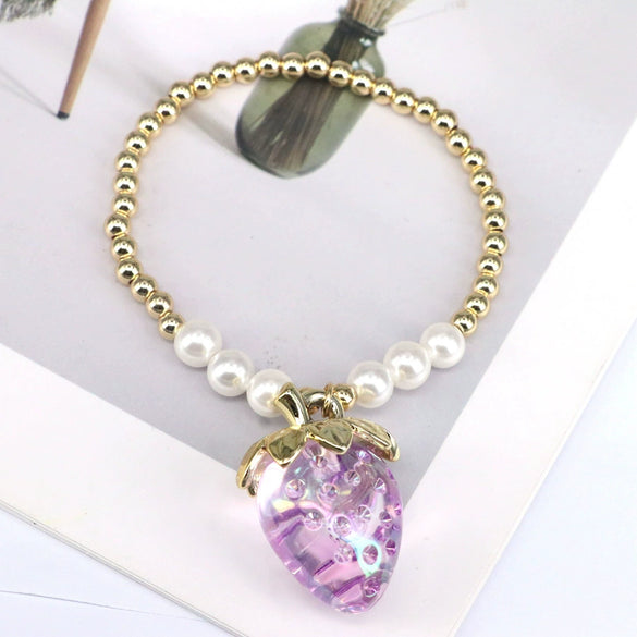 Fashion Jewelry Resin Fruit Strawberry Cherry Pendant Metal Beads Hand Knitted Adjustable Bracelet For Women