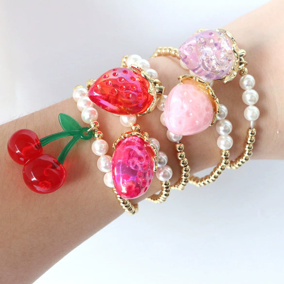 Fashion Jewelry Resin Fruit Strawberry Cherry Pendant Metal Beads Hand Knitted Adjustable Bracelet For Women