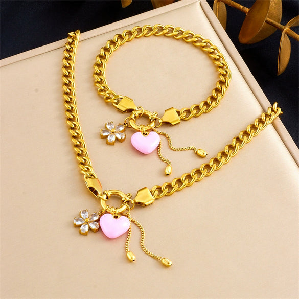 Fashion Jewelry Set Stainless Steel Gold Plated Heart Water Drop Bell Pendant Tassel For Women