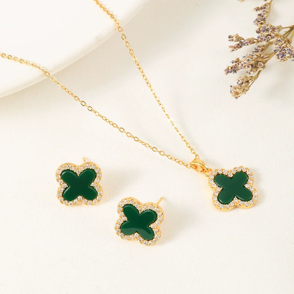 Fashion Jewelry Set With Fourleaf Clover Pattern Titanium Steel And Copper Plated With Real Gold Inlaid Zircon For Women