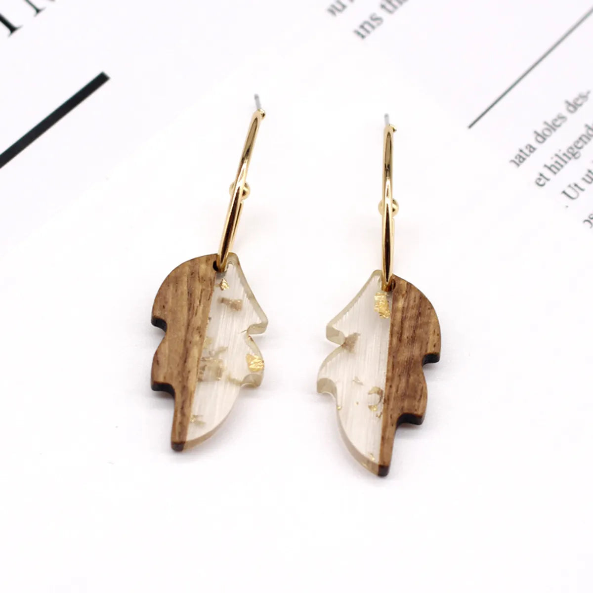 Fashion Jewelry Simple Wood Earrings Leaves Wood Resin Earrings Ear Hook Foreign Trade Gold Foil Frosty Earrings