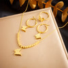Fashion Jewelry Stainless Steel Butterfly Insect Pattern Gold Plated Accessories Necklace Ring Earrings Set