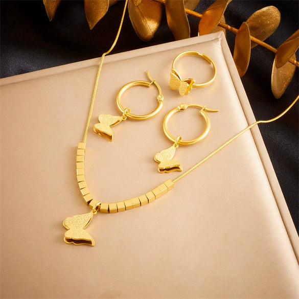 Fashion Jewelry Stainless Steel Butterfly Insect Pattern Gold Plated Accessories Necklace Ring Earrings Set