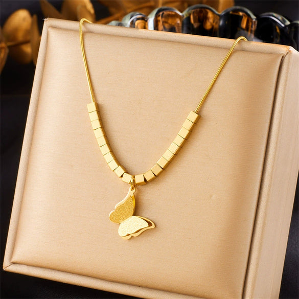 Fashion Jewelry Stainless Steel Butterfly Insect Pattern Gold Plated Accessories Necklace Ring Earrings Set