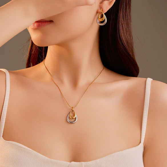 Fashion Jewelry Stainless Steel Double Color Matching Water Drop Pendant Necklace Earrings Suit With Electroplating Treatment