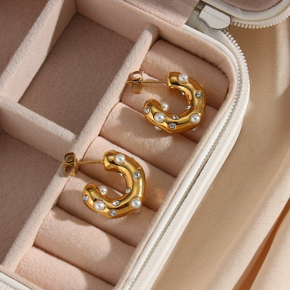 Fashion Jewelry Stainless Steel Earrings Plated 18K Gold Cshaped With Zircon And Pearl Inlaid Geometric Style For Women