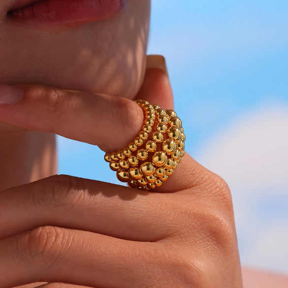 Fashion Jewelry 316L Stainless Steel Geometric Open Ring With Multilayer Steel Ball Chain And Electroplating