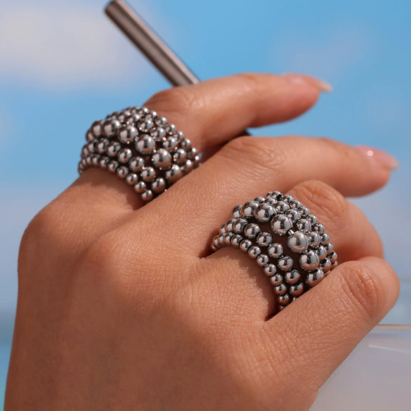 Fashion Jewelry 316L Stainless Steel Geometric Open Ring With Multilayer Steel Ball Chain And Electroplating