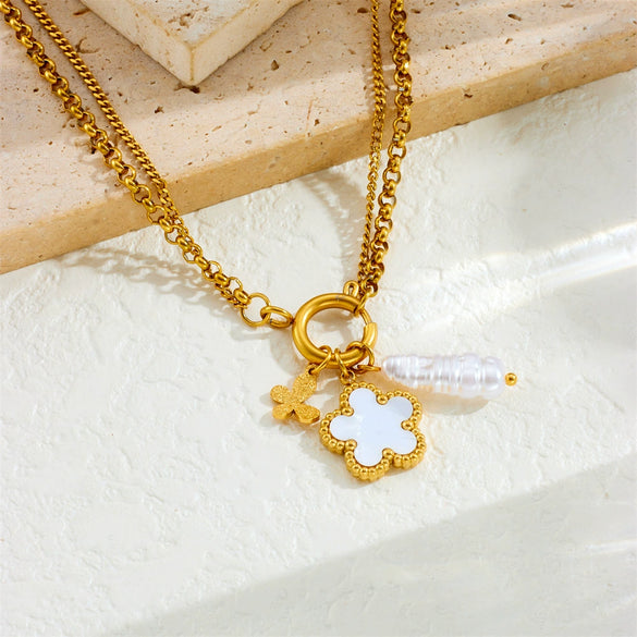 Fashion Jewelry Stainless Steel Pendant With Shellfish Flower Butterfly Pearl And Stacked Chain Electroplating For Women