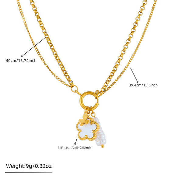 Fashion Jewelry Stainless Steel Pendant With Shellfish Flower Butterfly Pearl And Stacked Chain Electroplating For Women