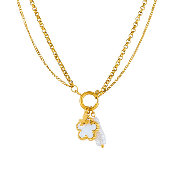 Fashion Jewelry Stainless Steel Pendant With Shellfish Flower Butterfly Pearl And Stacked Chain Electroplating For Women