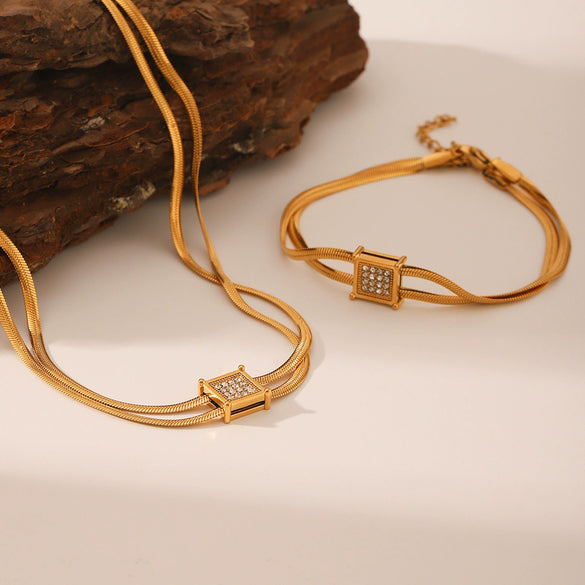 Fashion Jewelry Stainless Steel Square Inlaid Zircon Rhinestone Doublelayer Necklace Bracelet For Women