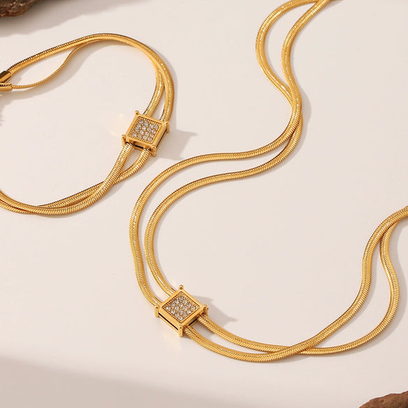 Fashion Jewelry Stainless Steel Square Inlaid Zircon Rhinestone Doublelayer Necklace Bracelet For Women