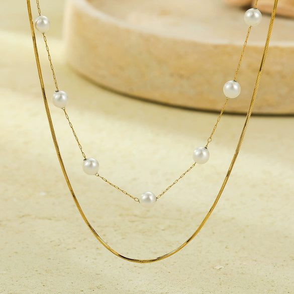 Fashion Joker Pearl Stainless Steel Snake Chain Double Clavicle Chain Stacked Necklace For Women Electroplated