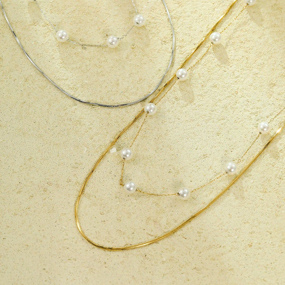 Fashion Joker Pearl Stainless Steel Snake Chain Double Clavicle Chain Stacked Necklace For Women Electroplated