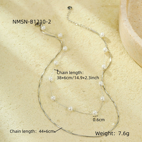 Fashion Joker Pearl Stainless Steel Snake Chain Double Clavicle Chain Stacked Necklace For Women Electroplated