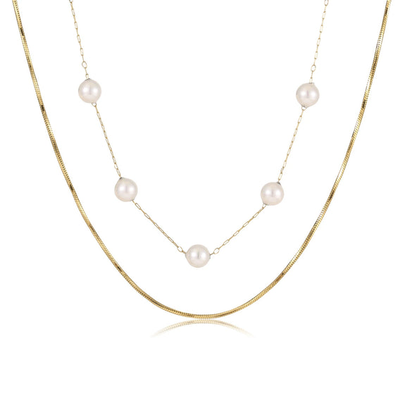 Fashion Joker Pearl Stainless Steel Snake Chain Double Clavicle Chain Stacked Necklace For Women Electroplated