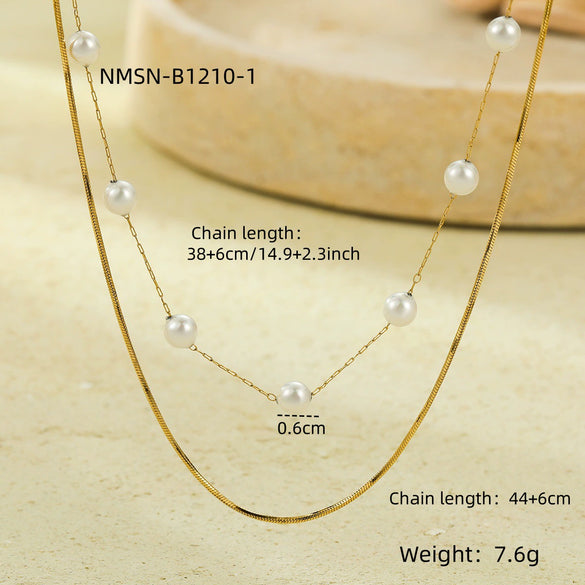 Fashion Joker Pearl Stainless Steel Snake Chain Double Clavicle Chain Stacked Necklace For Women Electroplated