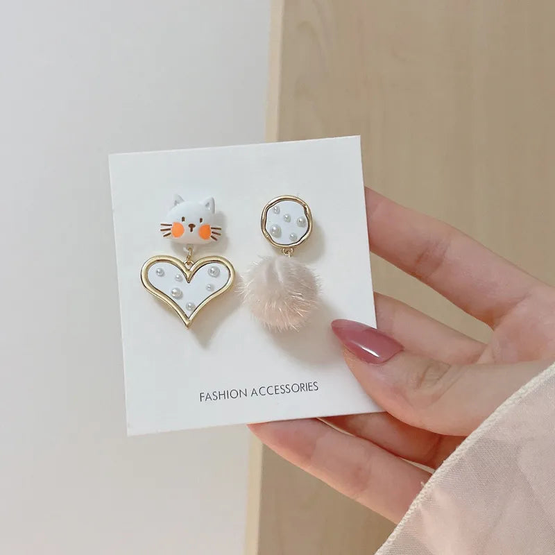 Fashion Kitten Heart Hair Ball Earrings Fashion Sweet And Cute Small Fresh Earrings