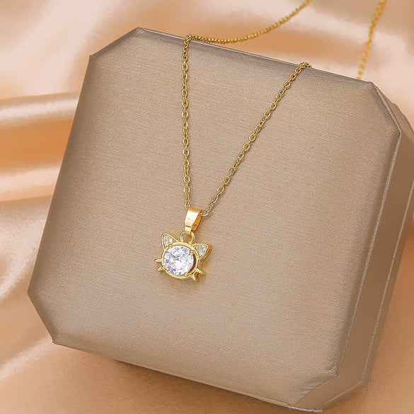 Fashion Kitten Pendant Titanium Steel Necklace With Mixed Gemstone Inlay And Diamond Design For Women