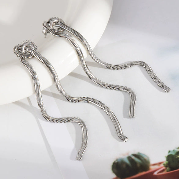Fashion Knot Tassel Earrings With Snake Chain And Long Tassel Light Luxury Women's Stainless Steel Jewelry Geometric Shape Pvd Furnace Vacuum Real Gold Plated