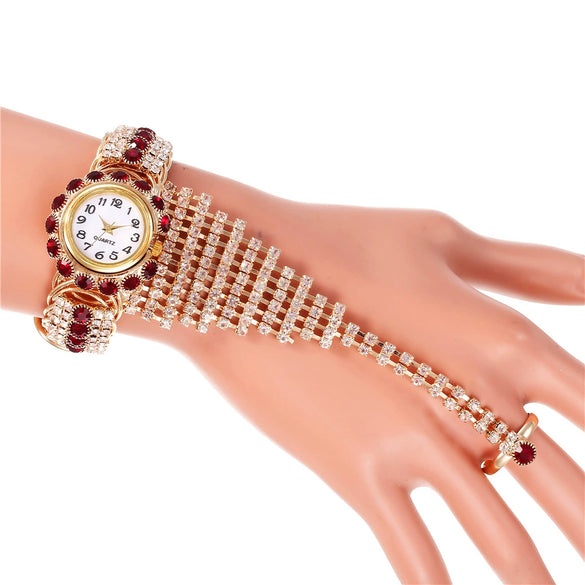 Fashion Ladies Alloy Claw Chain Ring Set Wrist Watch With Round Dial