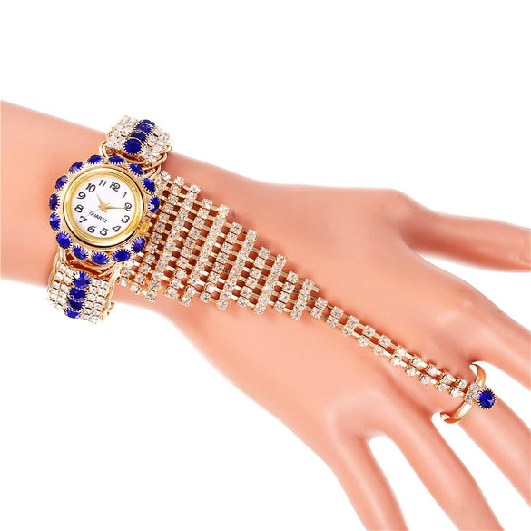 Fashion Ladies Alloy Claw Chain Ring Set Wrist Watch With Round Dial