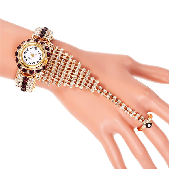Fashion Ladies Alloy Claw Chain Ring Set Wrist Watch With Round Dial