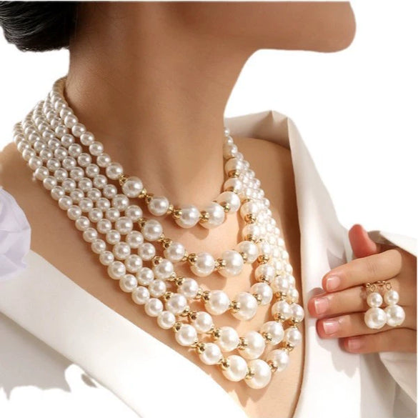 Fashion Ladies Jewelry Set With Multilayer Imitation Pearl Necklace And Earrings