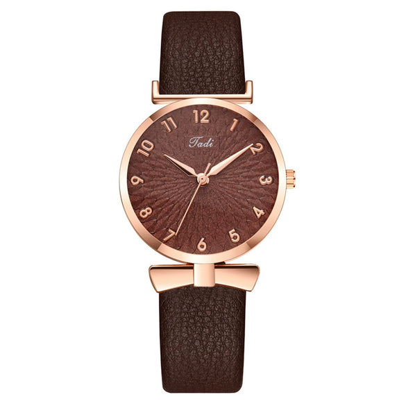 Fashion Ladies Quartz Watch With Metal Case Imitation Leather Strap And Round Dial