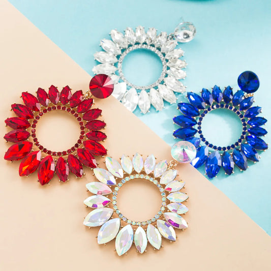 Fashion Large Alloy Inlaid Glass Drill  Hollowed-out Flower-shaped Earrings Wholesale