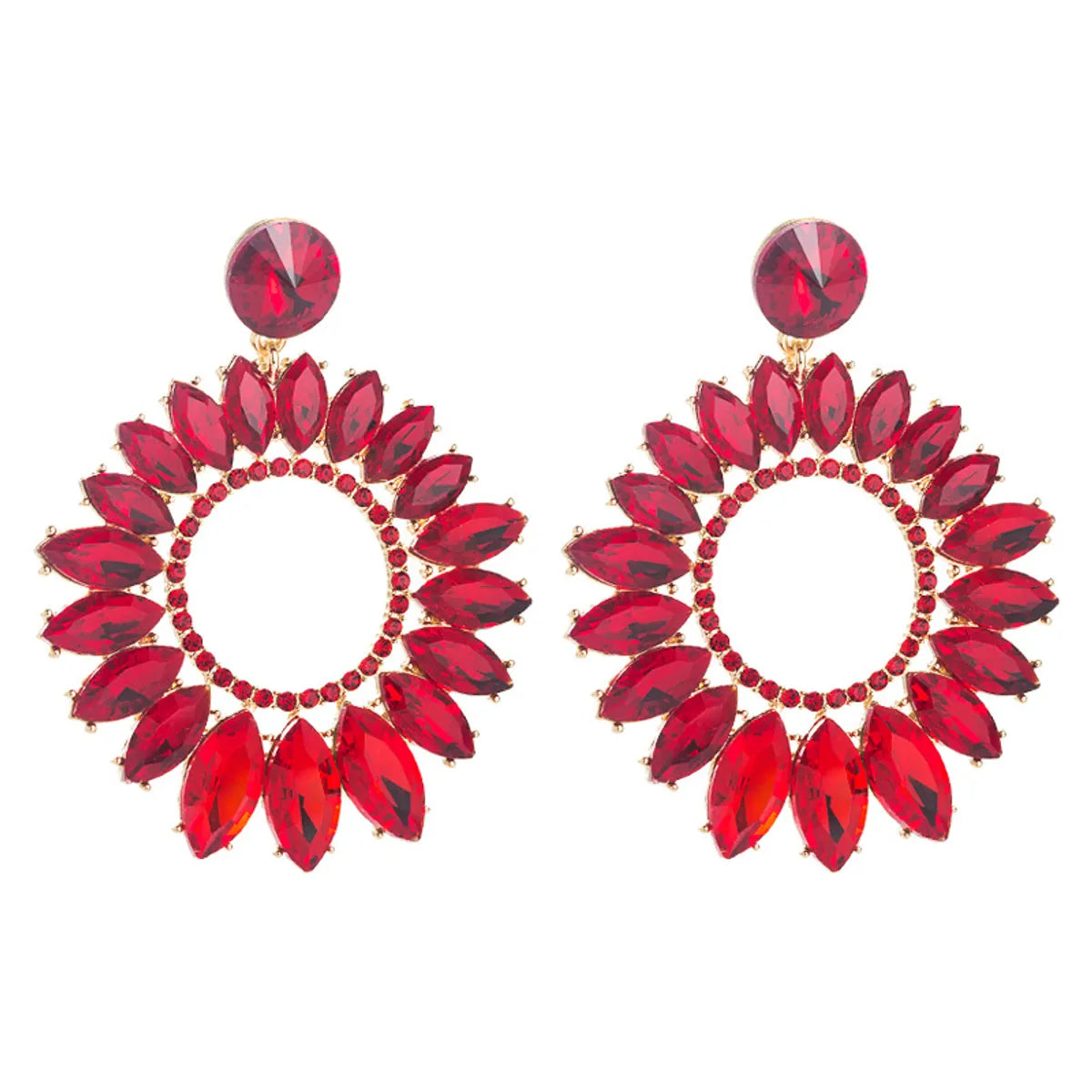 Fashion Large Alloy Inlaid Glass Drill  Hollowed-out Flower-shaped Earrings Wholesale