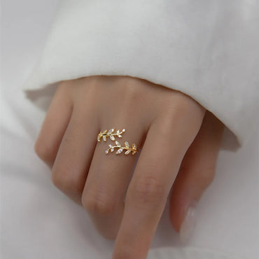 Fashion Leaf Copper Gold Plated Rhinestones Open Ring