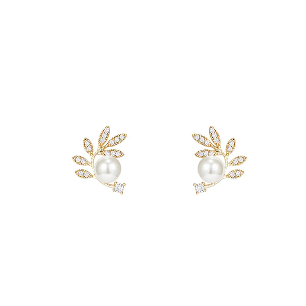 Fashion Leaf Micro-Set Pearl Earrings Simple Alloy Stud Earrings