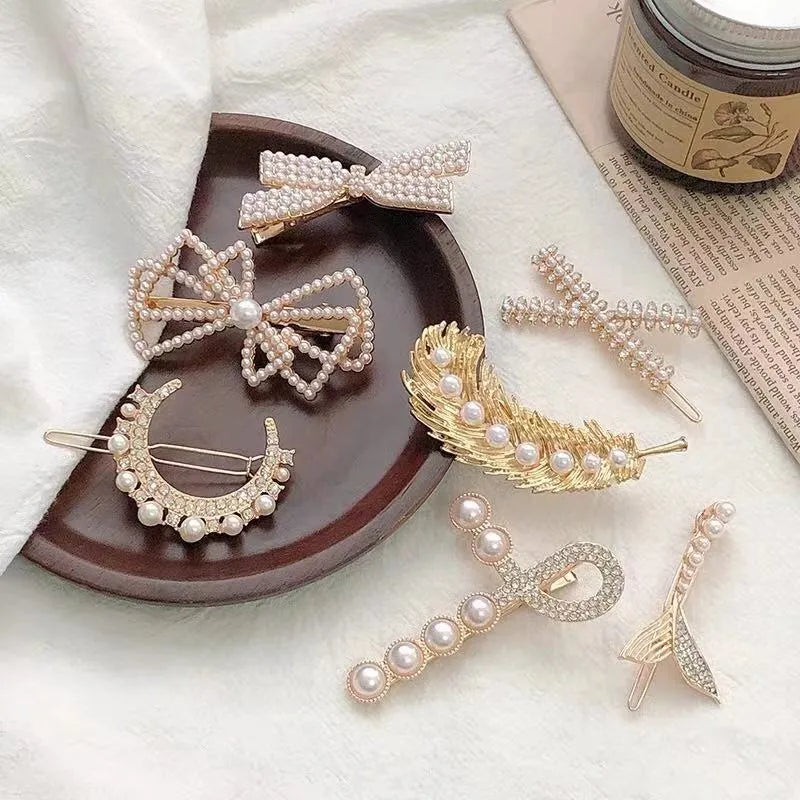 Fashion Leaf Moon Bow Knot Imitation Pearl Alloy Rhinestone Hair Clip 1 Piece