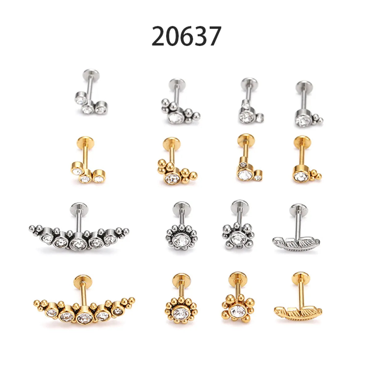 Fashion Leaf Round Stainless Steel Inlaid Zircon Eyebrow Nails Ear Studs 1 Piece