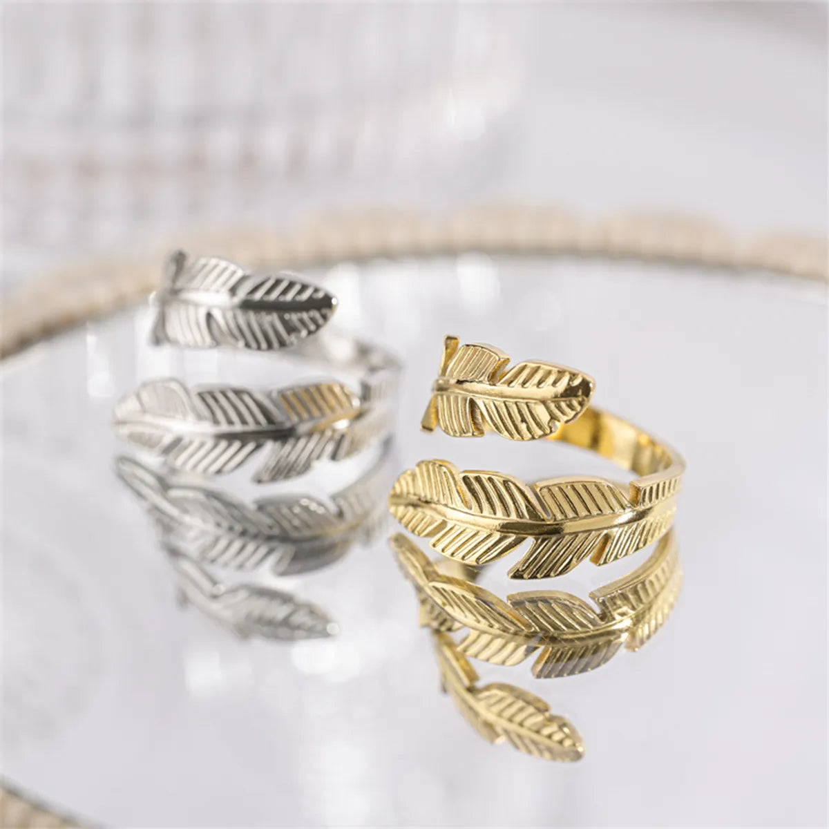 Fashion Leaf Titanium Steel Feather Open Ring