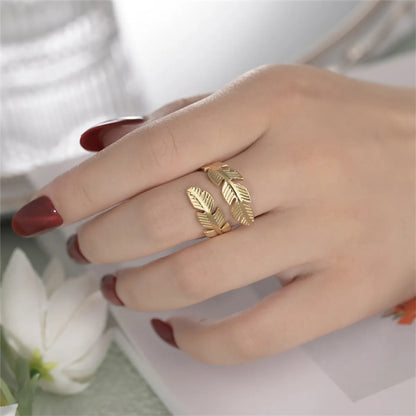 Fashion Leaf Titanium Steel Feather Open Ring