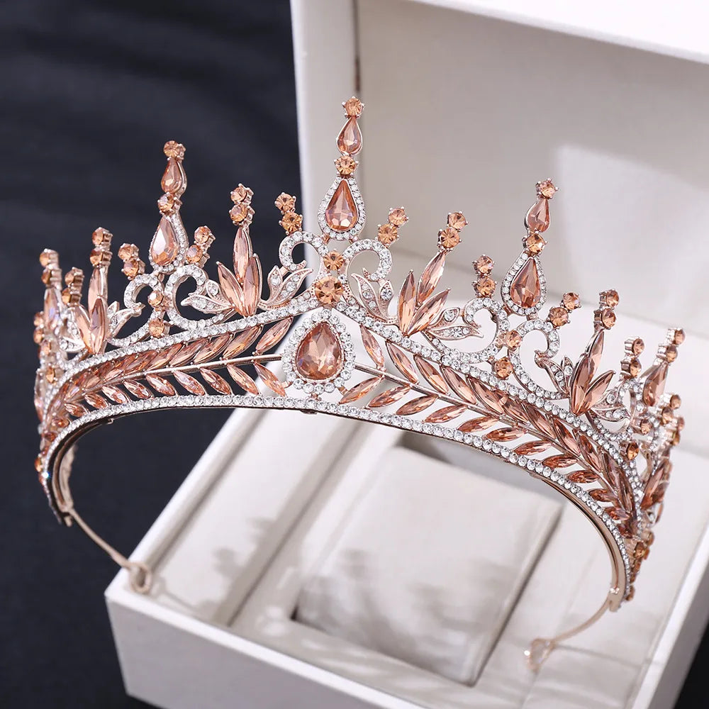 Fashion Leaf Water Droplets Crown Alloy Rhinestone Inlay Artificial Crystal Crown 1 Piece