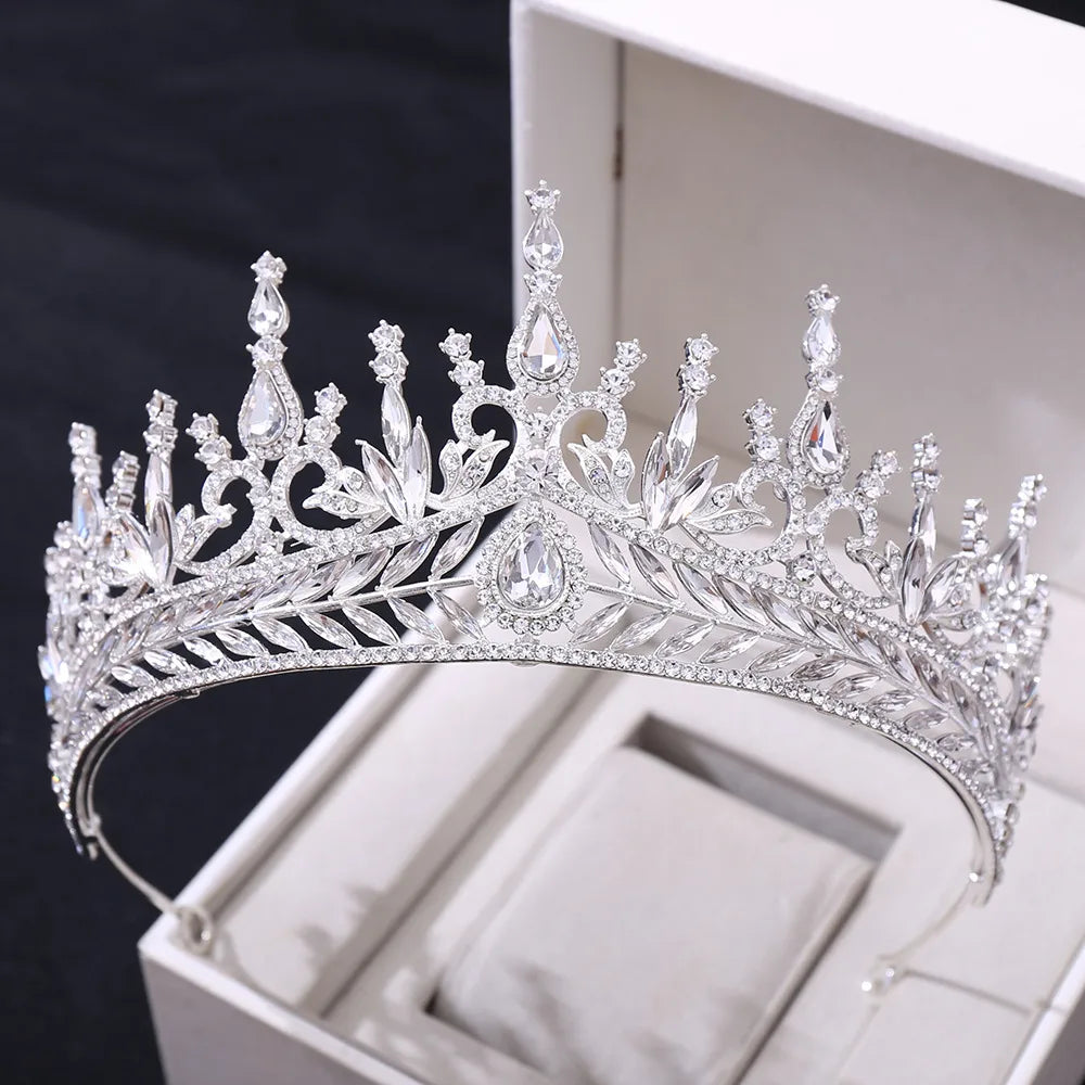 Fashion Leaf Water Droplets Crown Alloy Rhinestone Inlay Artificial Crystal Crown 1 Piece